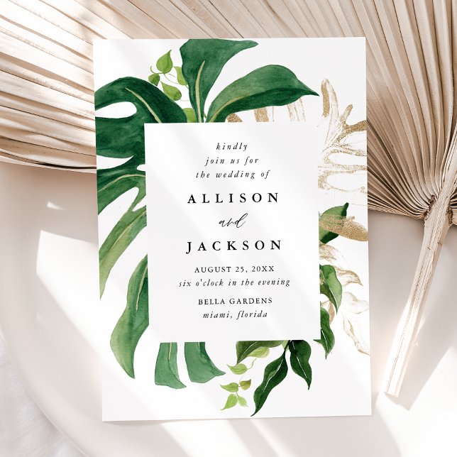 Invitación Boda Dorada Hojas Tropicales Modernas (Subido por el creador)