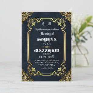 Invitación Boda dorada medieval real negra
