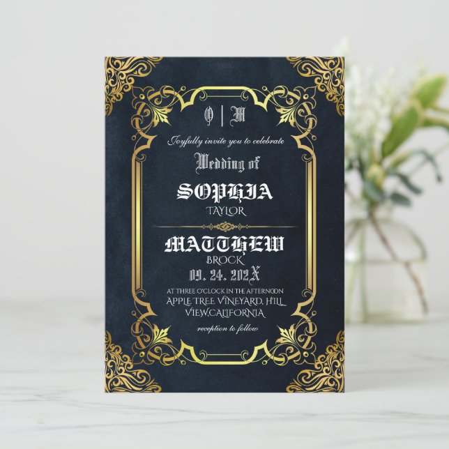 Invitación Boda dorada medieval real negra (Anverso de pie)