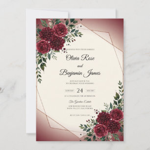 Invitación Boda Dorada Peonía Carmesí