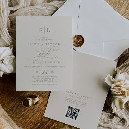 Invitación Boda dorada romántica con código QR monograma en m