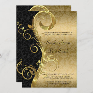 Invitación Boda Dorada Swirl Y Boda De Damasco Negra Oro