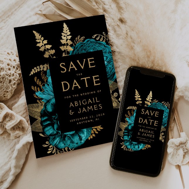 Invitación Boda dorada turquesa floral oscura salva la fecha (Subido por el creador)