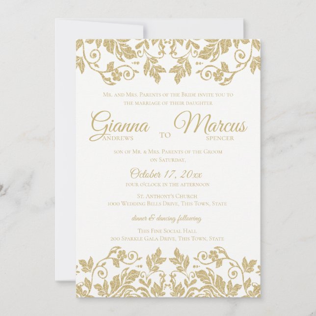 Invitación Boda dorada y blanca Damask (Anverso)