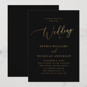 Invitación Boda dorada y negra   Clásico elegante en letra cu