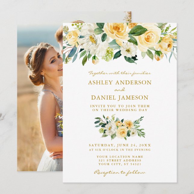Invitación Boda dorado acuarela amarillo floral (Anverso / Reverso)