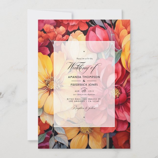 Invitación Boda dorado amarillo y labios rojo floral (Anverso)