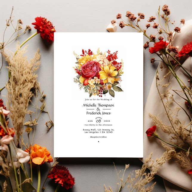 Invitación Boda dorado amarillo y labios rojo floral (Subido por el creador)