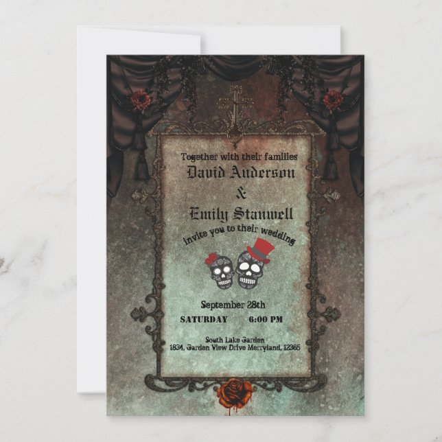 Invitación Boda Dorado Black Gothic de marco Halloween (Anverso)