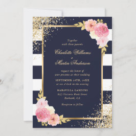 Invitación Boda dorado blanco azul de la marina floral rosa d