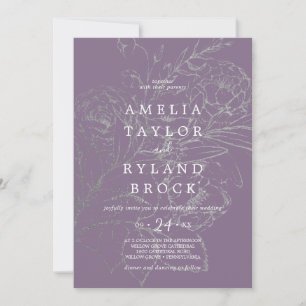 Invitación Boda dorado con polvo de flores moradas y mugrient