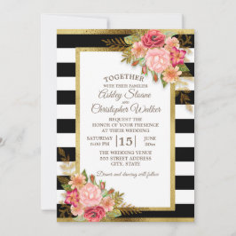 Invitación Boda dorado de flor roja rosada negra blanca