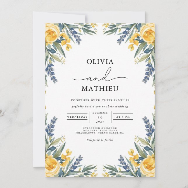 Invitación Boda dorado de flores botánicas amarillas (Anverso)