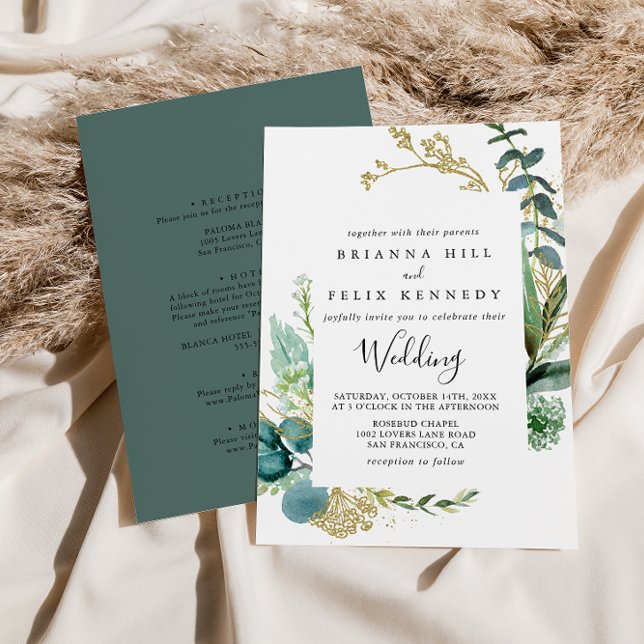 Invitación Boda dorado de la vegetación tropical floral y dor (Subido por el creador)
