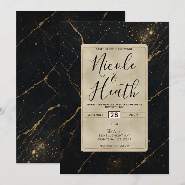 Invitación Boda dorado de mármol de medianoche negro y oro (Anverso / Reverso)