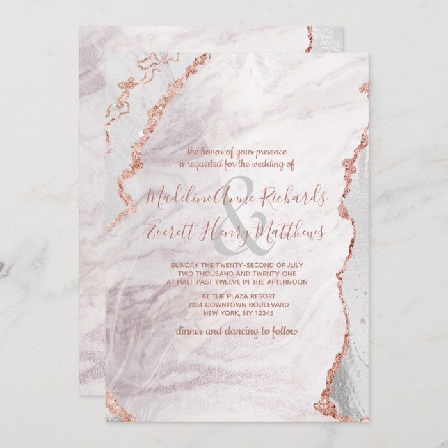 Invitación Boda dorado de Relieve metalizado de mármol blanco (Anverso / Reverso)