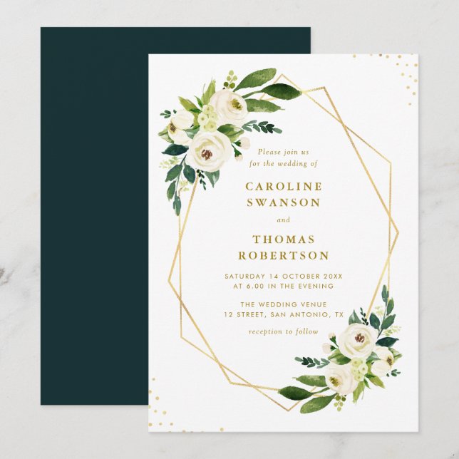 Invitación boda dorado de vegetación floral (Anverso / Reverso)