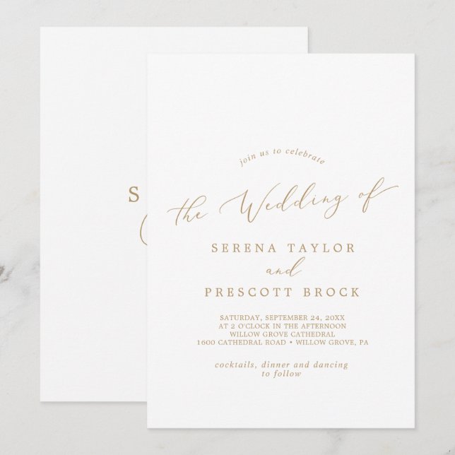 Invitación Boda dorado delgado de caligrafía dorada (Anverso / Reverso)