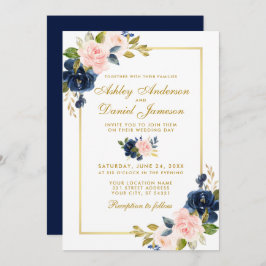 Invitación Boda dorado elegante floral azul Rubor rosa