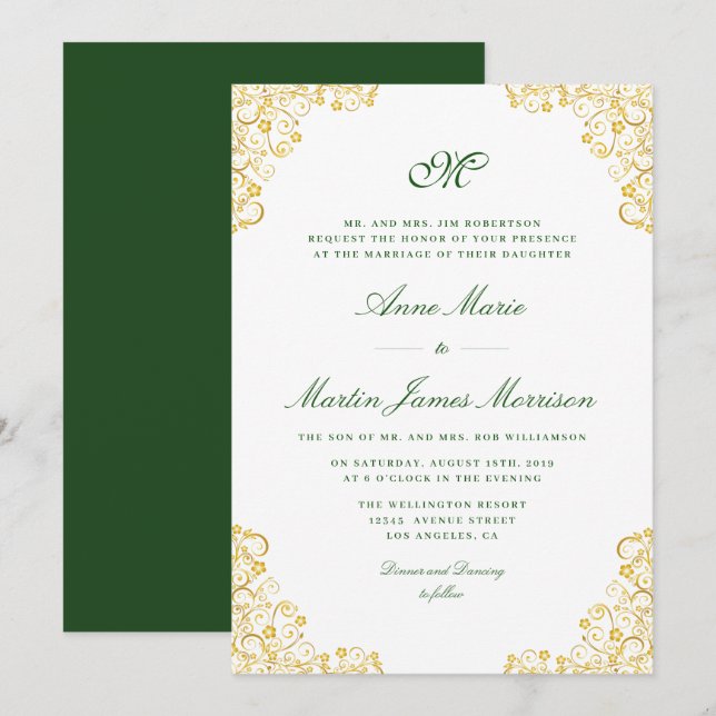 Invitación boda dorado floral (Anverso / Reverso)
