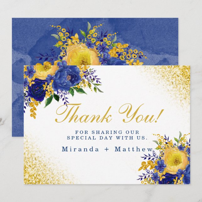 Invitación Boda dorado floral amarillo azul gracias a las tar (Anverso / Reverso)