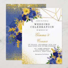 Invitación Boda dorado floral amarillo pintado de color azul