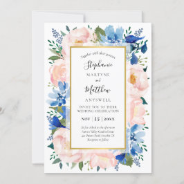 Invitación Boda dorado floral de color azul rosa oscuro