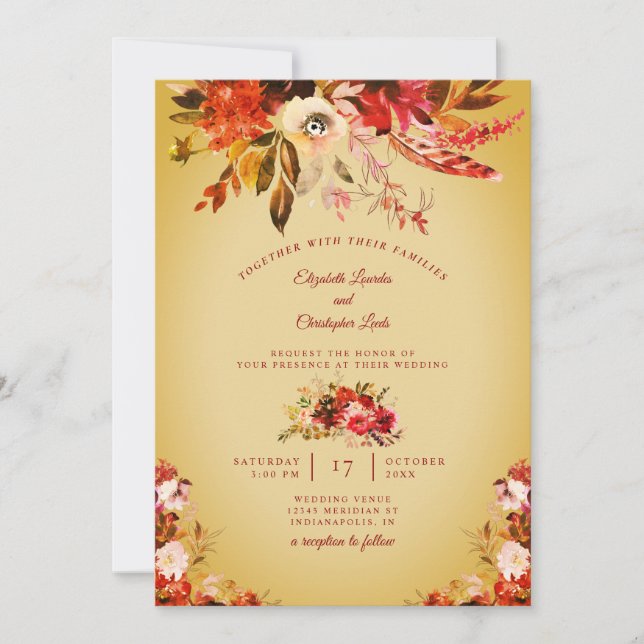 Invitación Boda Dorado Floral Floral Splendor Otoño (Anverso)