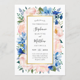 Invitación Boda dorado floral rosa Rubor azul