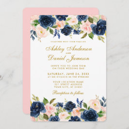 Invitación Boda dorado floral rosa Rubor Blue Elegant R