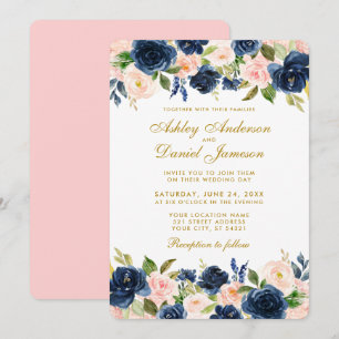 Invitación Boda dorado floral rosa Rubor Blue Elegant R