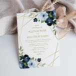 Invitación boda dorado geométrico floral azul marino<br><div class="desc">Diseño de marcos geométricos y flores acuarelas con características modificables como el texto,  los colores,  la redacción,  el tipo de papel y el tamaño del papel.</div>