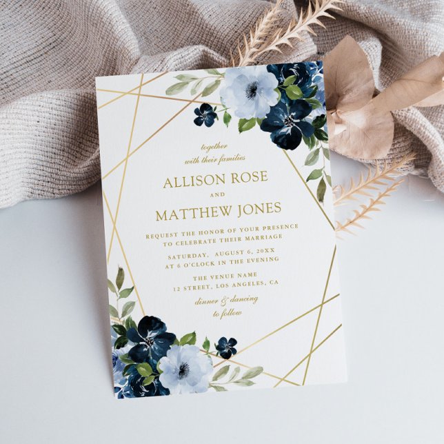 Invitación boda dorado geométrico floral azul marino (Subido por el creador)