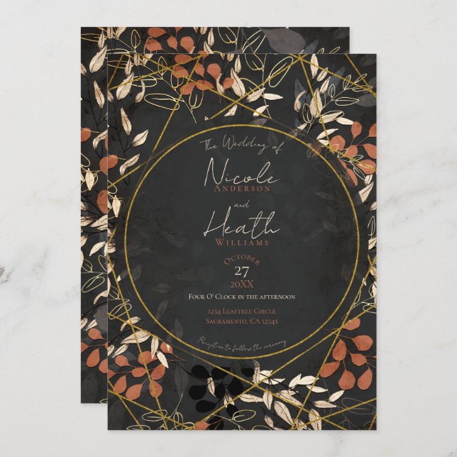 Invitación Boda Dorado Gris Floral Terracotta Fall (Anverso / Reverso)