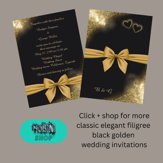 Invitación boda dorado negro filigree clásico (classic elegant filigree black golden wedding)