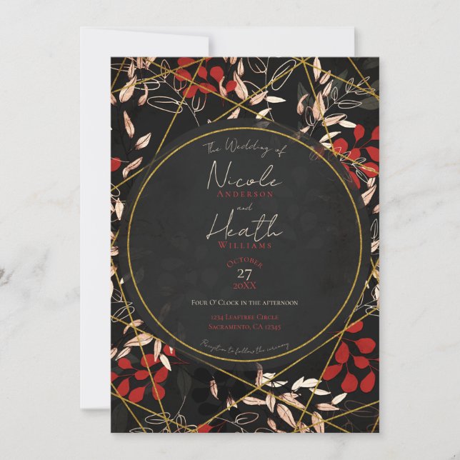 Invitación Boda dorado negro gris negro oscuro floral negrita (Anverso)