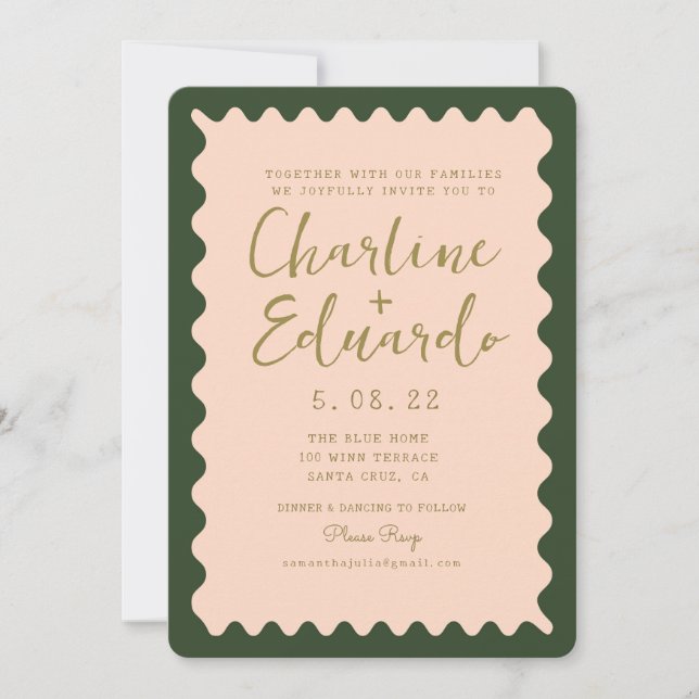 Invitación Boda Dorado Retro Wavy Green Peachy (Anverso)