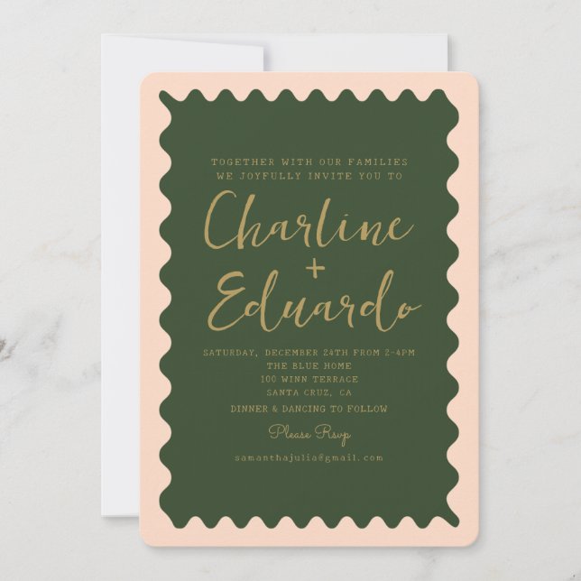 Invitación Boda Dorado Retro Wavy Green Peachy (Anverso)
