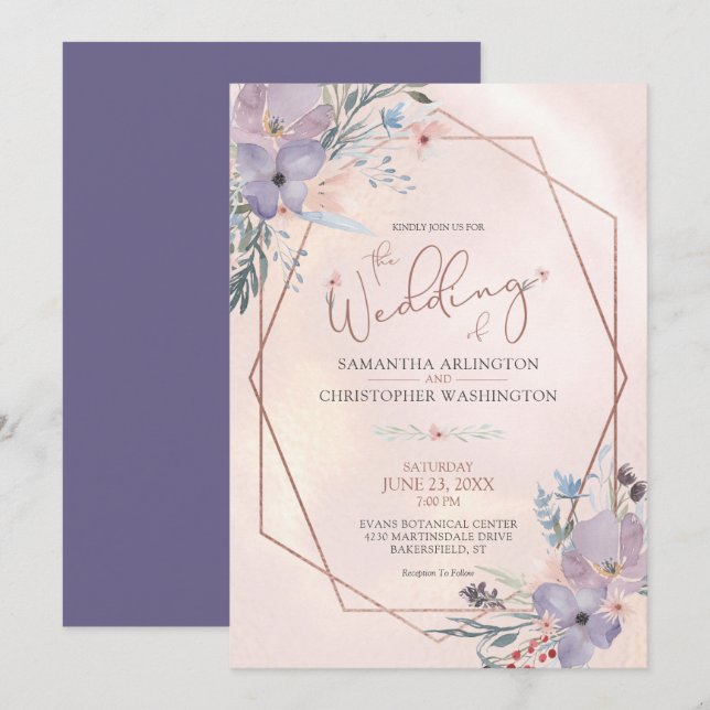 Invitación Boda dorado Rosa de cobre morado acuarela (Anverso / Reverso)