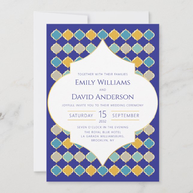 Invitación Boda Dorado Tile Royal Blue de Marruecos (Anverso)