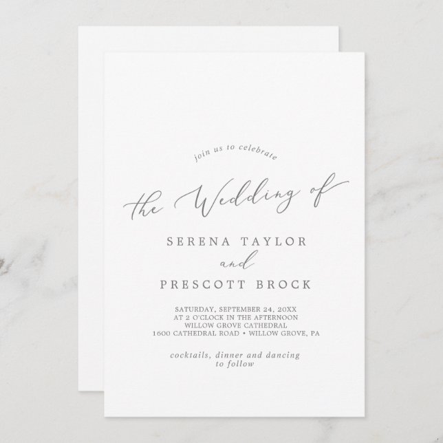 Invitación Boda dorsal de caligrafía plateada delgada (Anverso / Reverso)