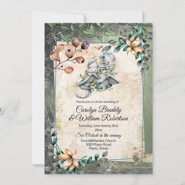 Invitación Boda Dragon de cuento de hadas (Anverso)