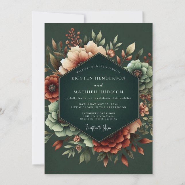 Invitación Boda dramática con flores de Hunter Rust (Anverso)