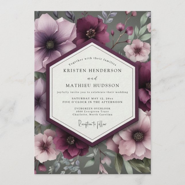 Invitación Boda dramática de anémona ciruela (Anverso)