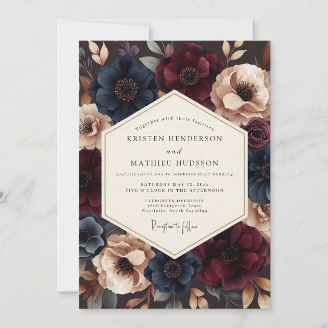 Invitación Boda dramática de Borgoña e Índigo (Anverso)