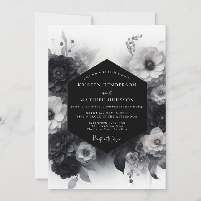Invitación Boda dramática de flor monocroma (Anverso)