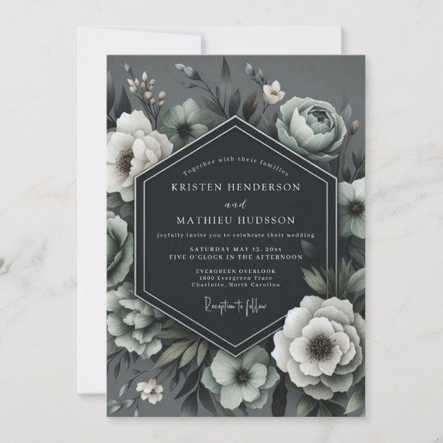 Invitación Boda dramática de flora de carbón (Anverso)