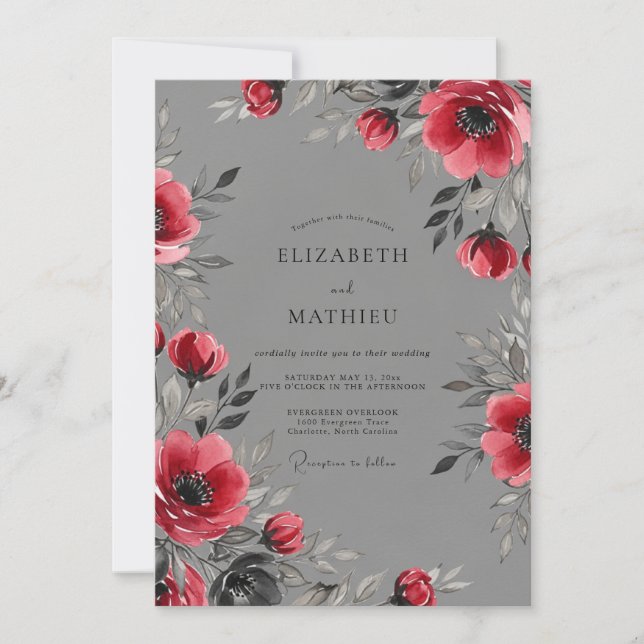 Invitación Boda dramática de invierno gris carmesí (Anverso)