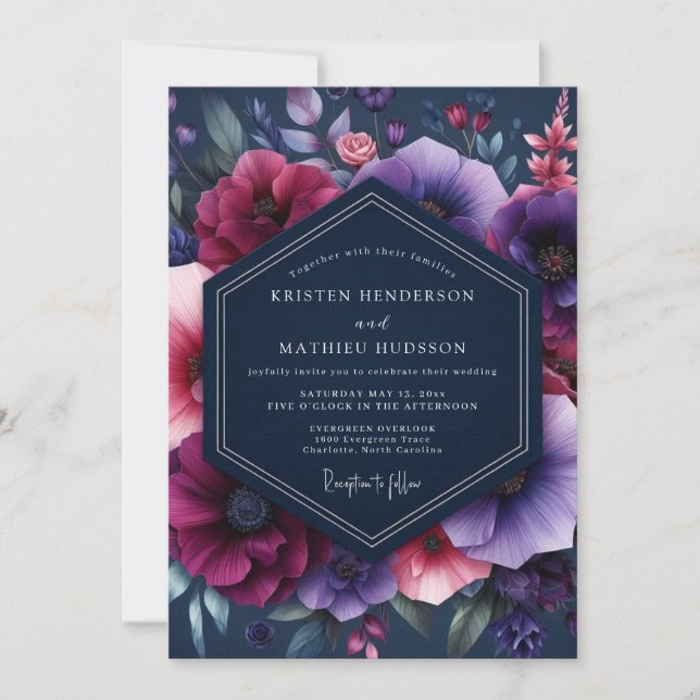 Invitación Boda Dramática de Navy Magenta Bloom (Anverso)