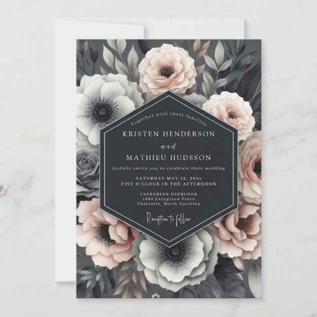 Invitación Boda Dramática Flora Slate Blush (Anverso)